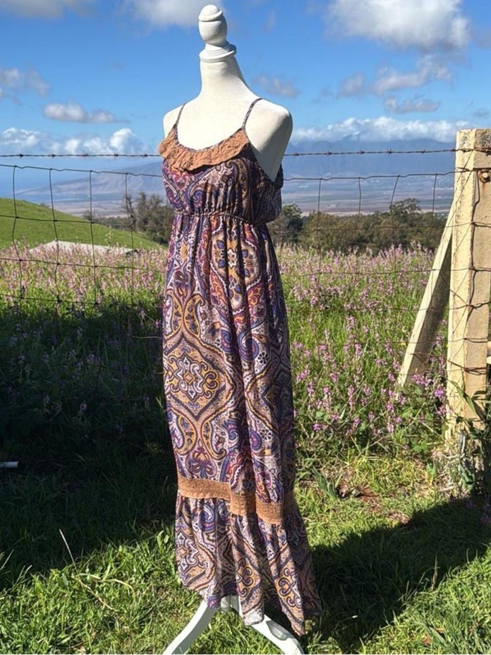 Purple brown paisley baby doll sleeveless boho festival prairie maxi dress - Picture 3 of 6